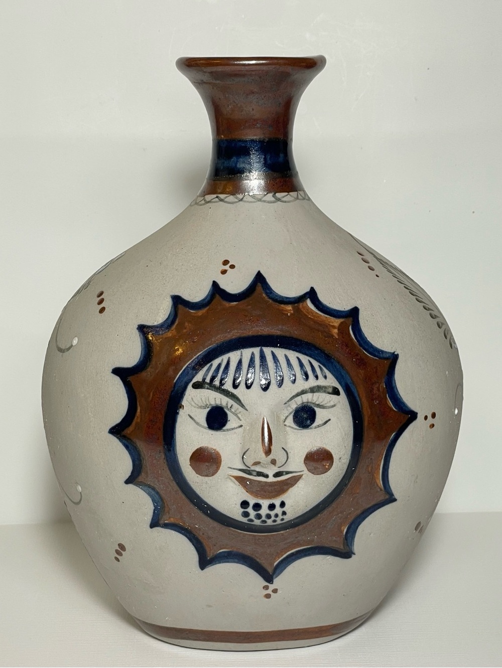Vintage Tonala Art Pottery Sun Face Vase Signed Zanata Hand Painted